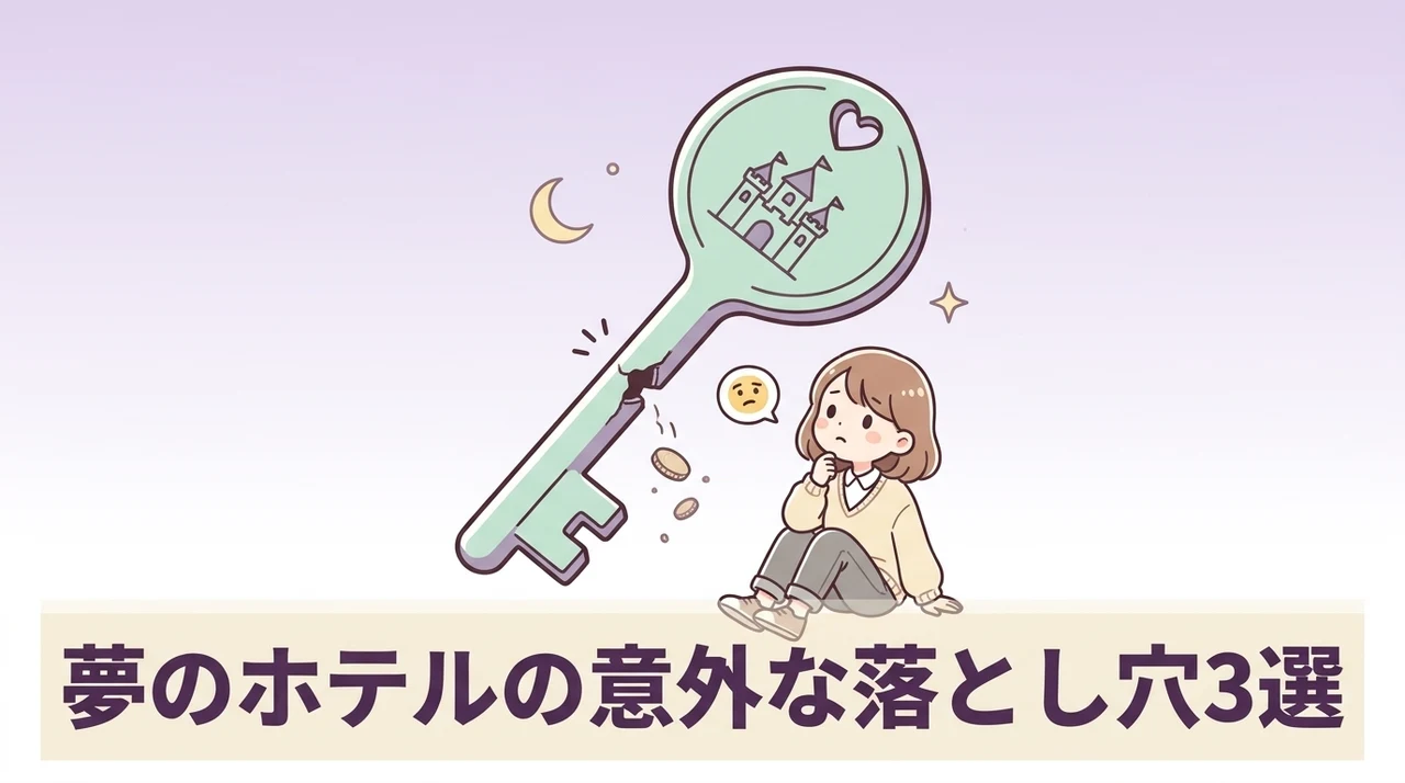 テーマパークのようなホテルのデメリット3つのイメージ画像（宿泊費用が高め・予約が取りにくい・館内が混雑しやすい）
