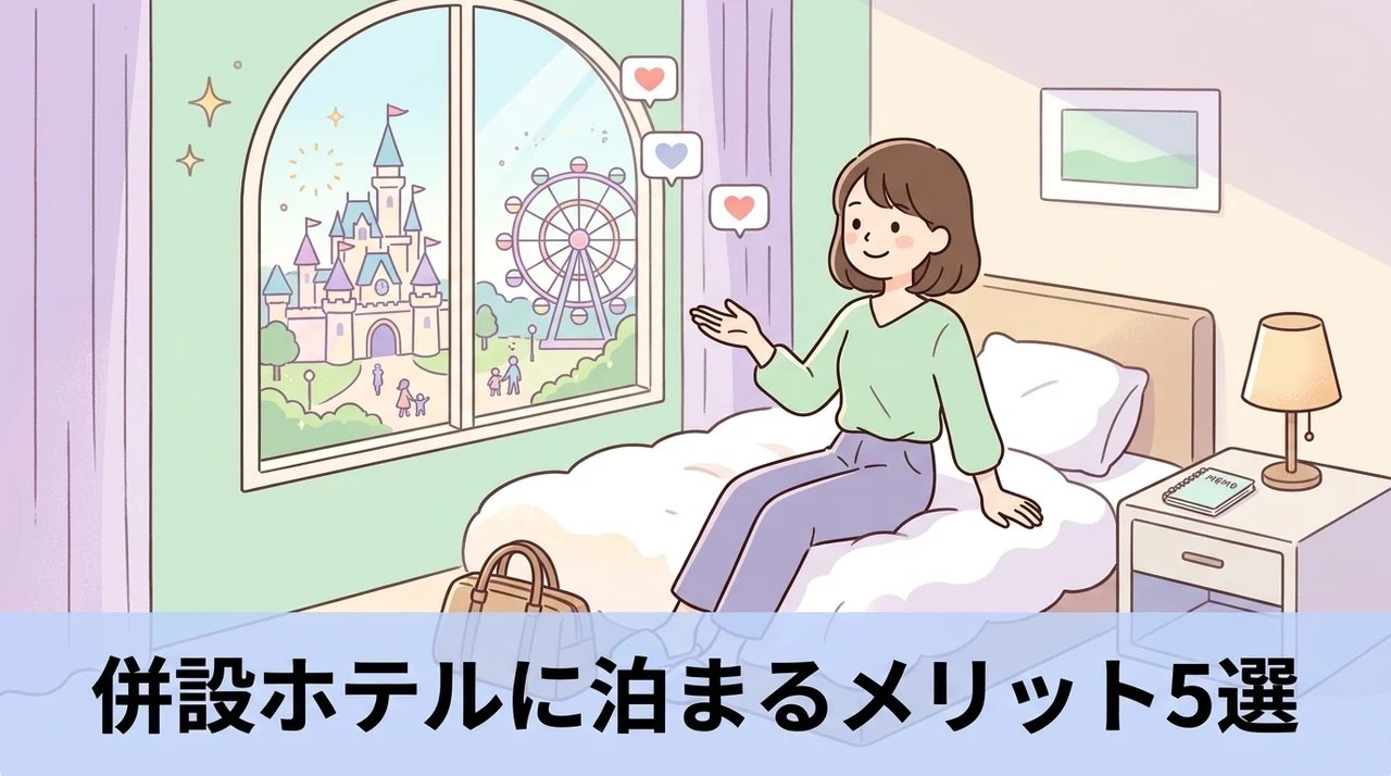 テーマパーク併設ホテルに宿泊するメリット5つのイメージ画像(開園前の先行入場・チケット付きプラン・客室での没入体験)
