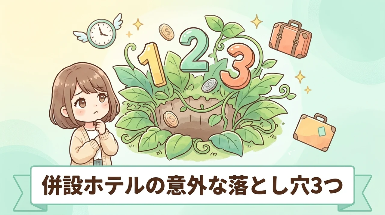 テーマパーク併設ホテルに宿泊するデメリット3つのイメージ画像(宿泊費用が高くなる・予約が取りにくい・周辺の飲食店が限定的)