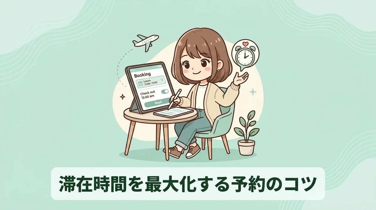 滞在時間を最大化するための予約時の注意点のイメージ画像（チェックイン前の利用可否・無料送迎バスの予約要否・優待クーポンの適用条件）